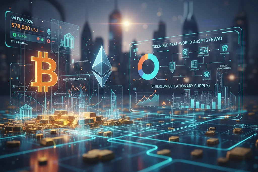 Interfaz digital de criptomonedas en 2026 mostrando la cotización de Bitcoin a 78.000 USD, el ecosistema de Ethereum deflacionario y la tokenización de activos reales (RWA) sobre una ciudad futurista.