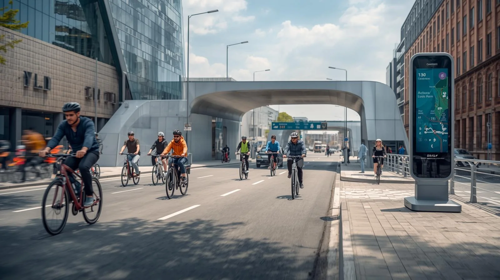 Ciclistas urbanos en 2026 utilizando bicicletas eléctricas en una superautopista ciclista con señalización inteligente IoT en Copenhague.