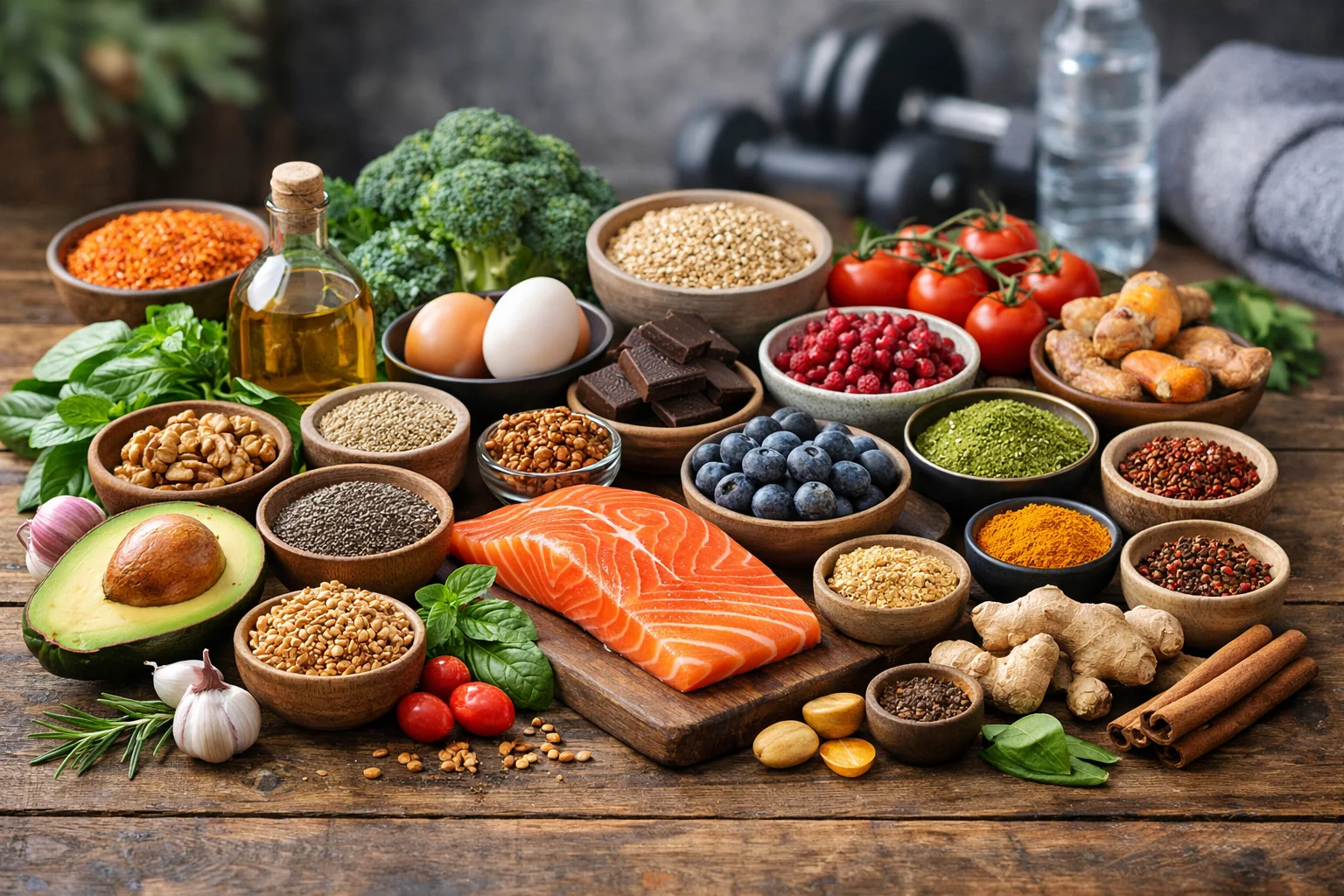 Selección de alimentos antiinflamatorios (Omega-3, polifenoles y especias) en 2026, representando la nutrición funcional para la recuperación deportiva y la longevidad.