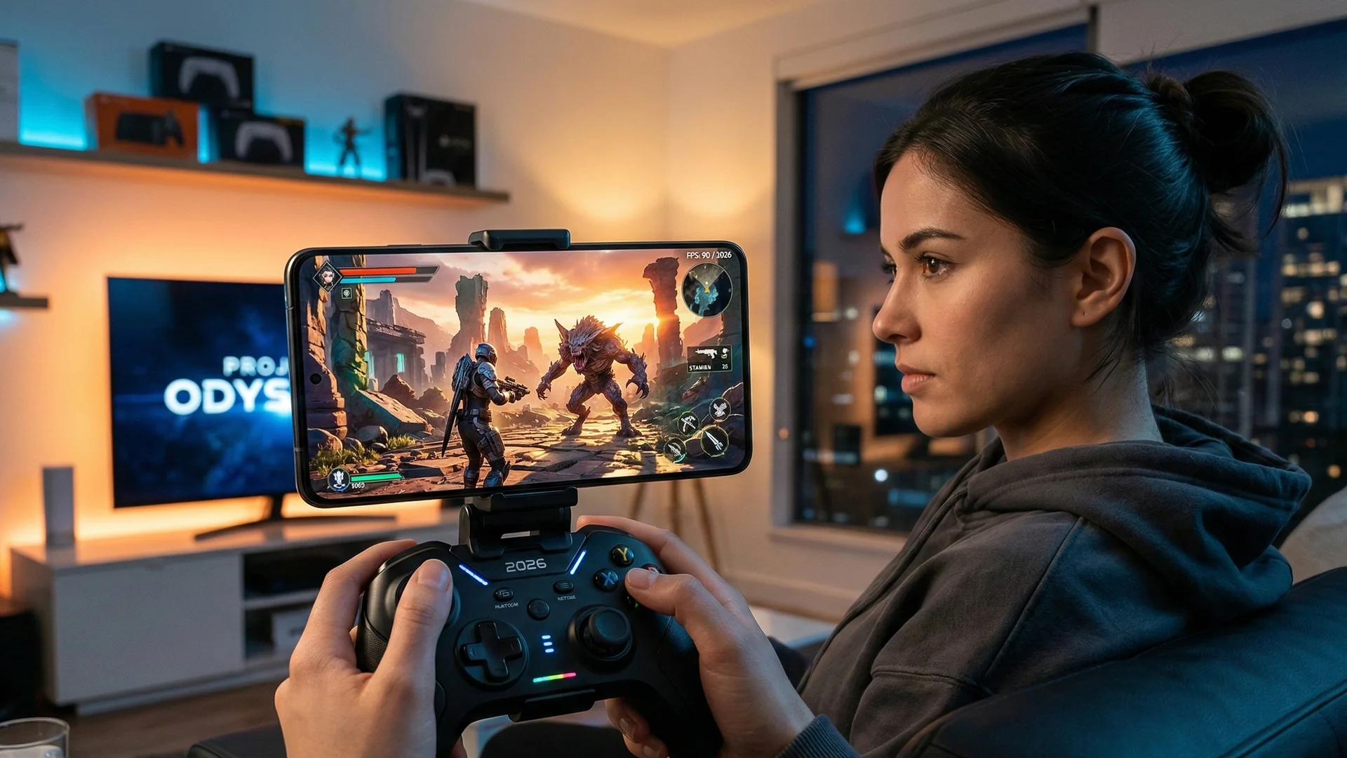 Smartphone gaming de última generación en 2026 ejecutando un juego AAA con gráficos fotorrealistas y mando inalámbrico, representando los mejores juegos Android del año.