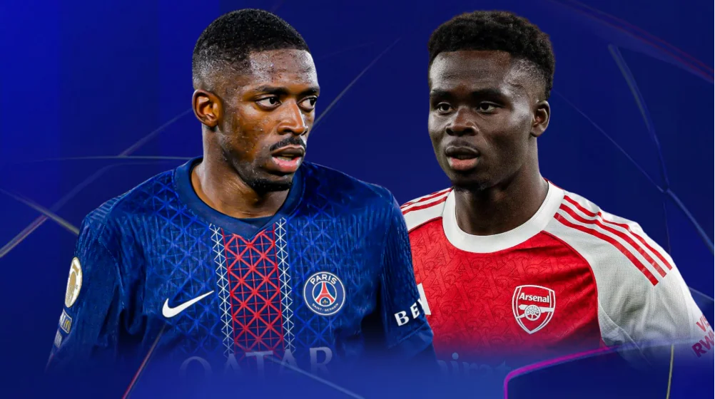 Dembele y Saka, protagonistas de la final de la UEFA Champions League 2026 en Budapest entre PSG y Arsenal, junto a una consola PS5 de regalo en la plataforma FansOrbit.