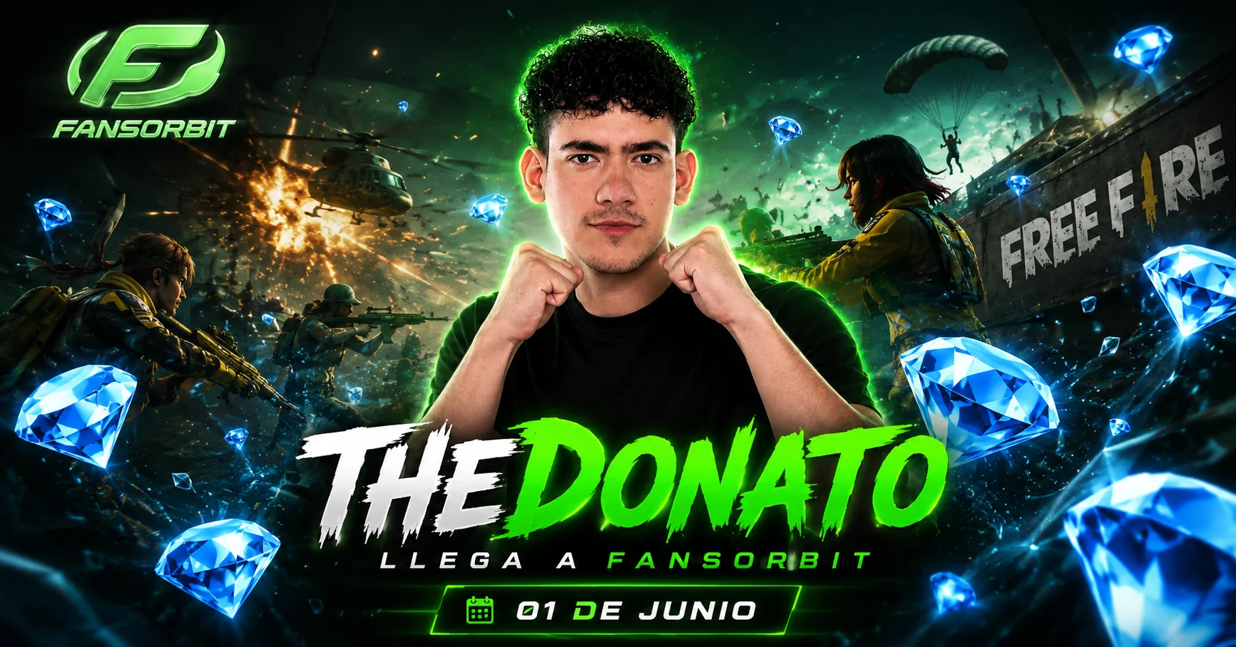 Imagen promocional del creador de contenido TheDonato para su entrada oficial en FansOrbit el 1 de junio, mostrando su silueta sobre un fondo de combate de Free Fire con una lluvia de diamantes azules y el logotipo verde de la plataforma en la esquina superior izquierda.