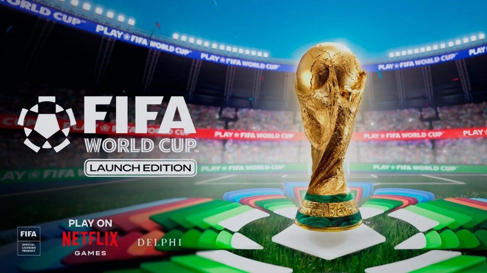 Interfaz de juego de FIFA World Cup Launch Edition de Netflix junto a un smartphone como mando y el logotipo de FansOrbit en junio de 2026.