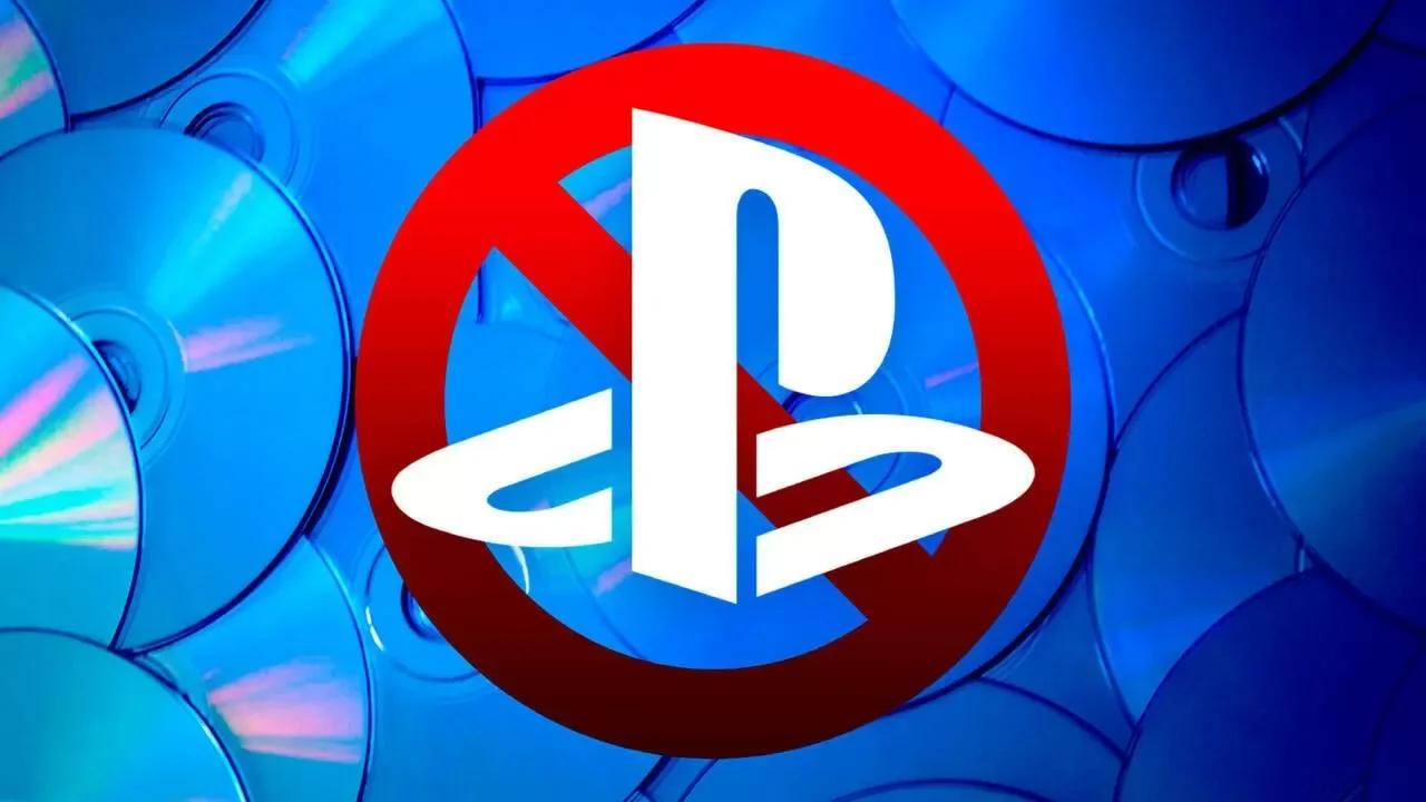 Ilustración temática sobre el fin del formato físico en videojuegos: el logotipo oficial de Sony PlayStation aparece tachado por un círculo rojo de prohibición, dispuesto sobre un fondo repleto de discos físicos en tonos azules. Noticia explicada por FansOrbit