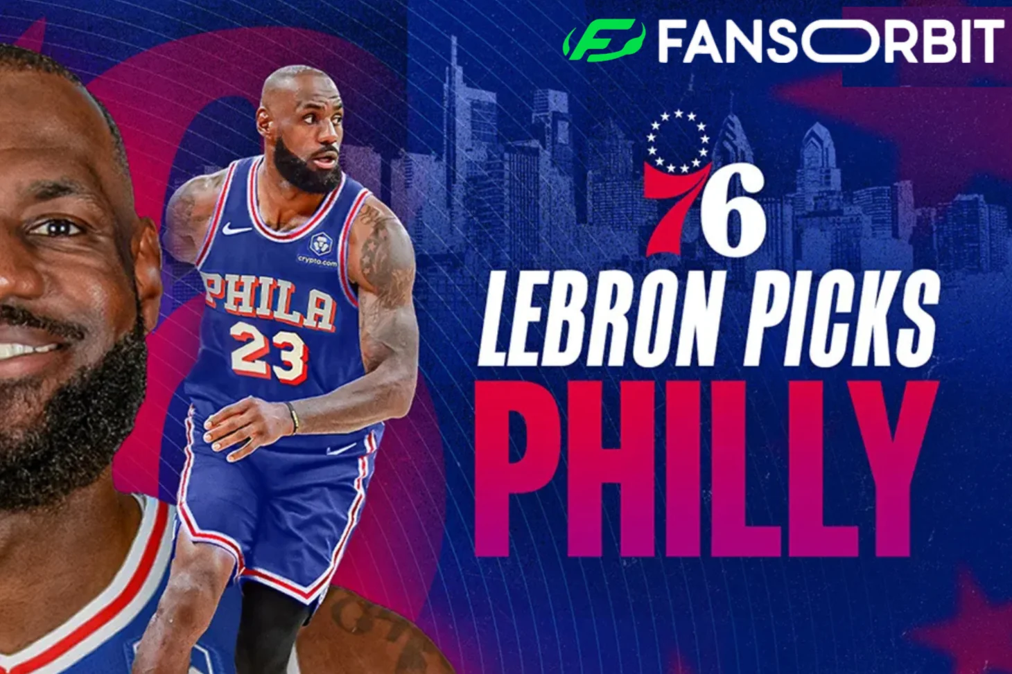Articulo sobre el nuevo destino para LeBron James que jugará las dos próximas temporadas en Philadelphia 76ers, en la imagen un montaje de James con el uniforme de los sixers para la temporada 2026-2027. Exploramos las opciones de su nuevo equipo, el roster, la bajada de sueldo y el sorteo de PS5 en fansOrbit.
