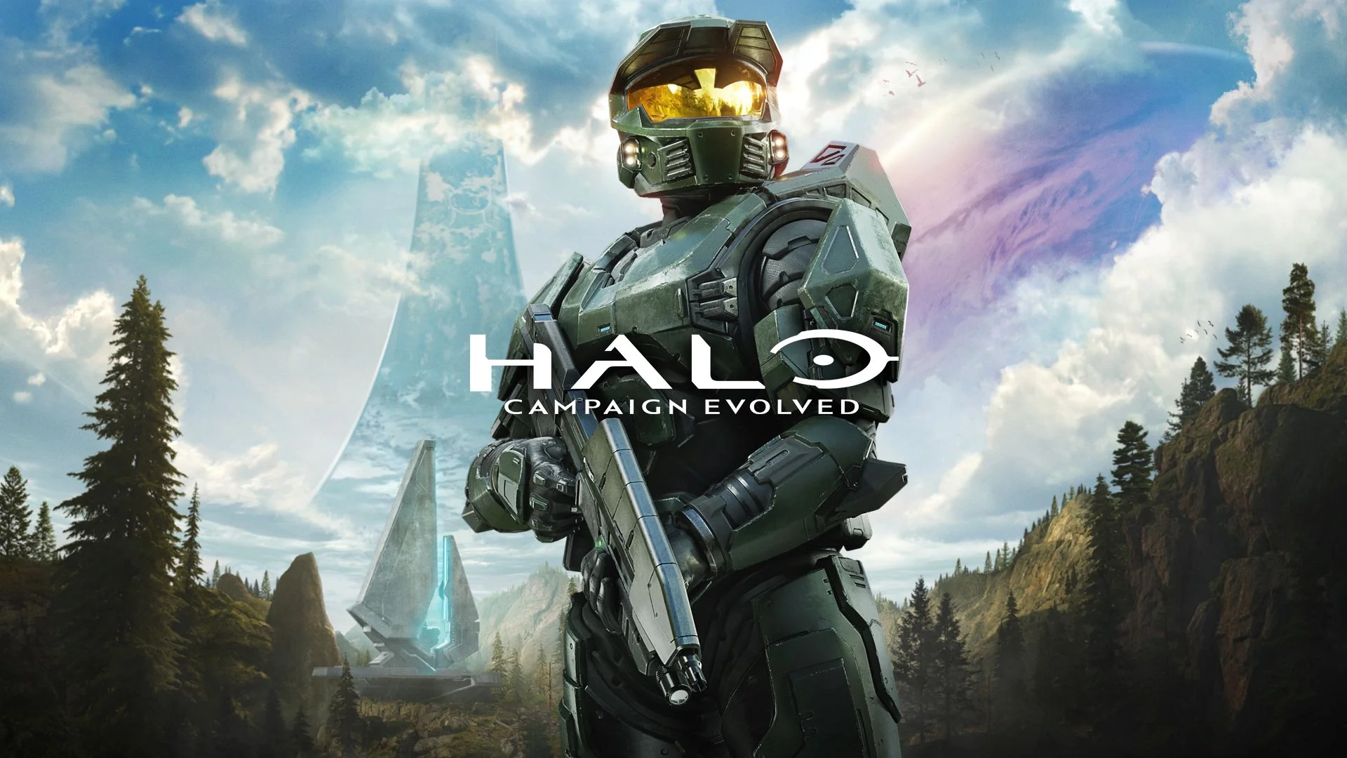 Arte promocional de Halo: Campaign Evolved: El Jefe Maestro (Master Chief) con su armadura verde Mjolnir en el centro de la imagen, con el logotipo del juego superpuesto en el pecho. De fondo se observa un paisaje natural con pinos, estructuras Forerunner y la icónica curvatura del anillo de Halo elevándose hacia un cielo iluminado.