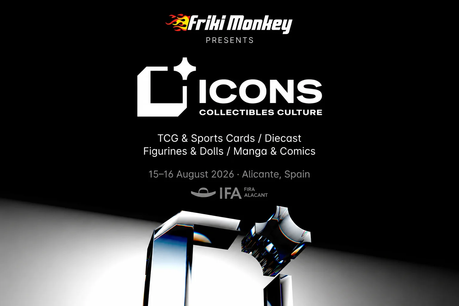 Cartel publicitario oficial de ICONS Alicante 2026 en Fira Alacant fijado para el domingo 16 de agosto, mostrando en primer plano a los integrantes de la Selección Española de Creadores de Contenido con la equipación roja e indicaciones del código de canje con un 25% de descuento en las entradas disponible a través de la tienda digital de Tier Kards.